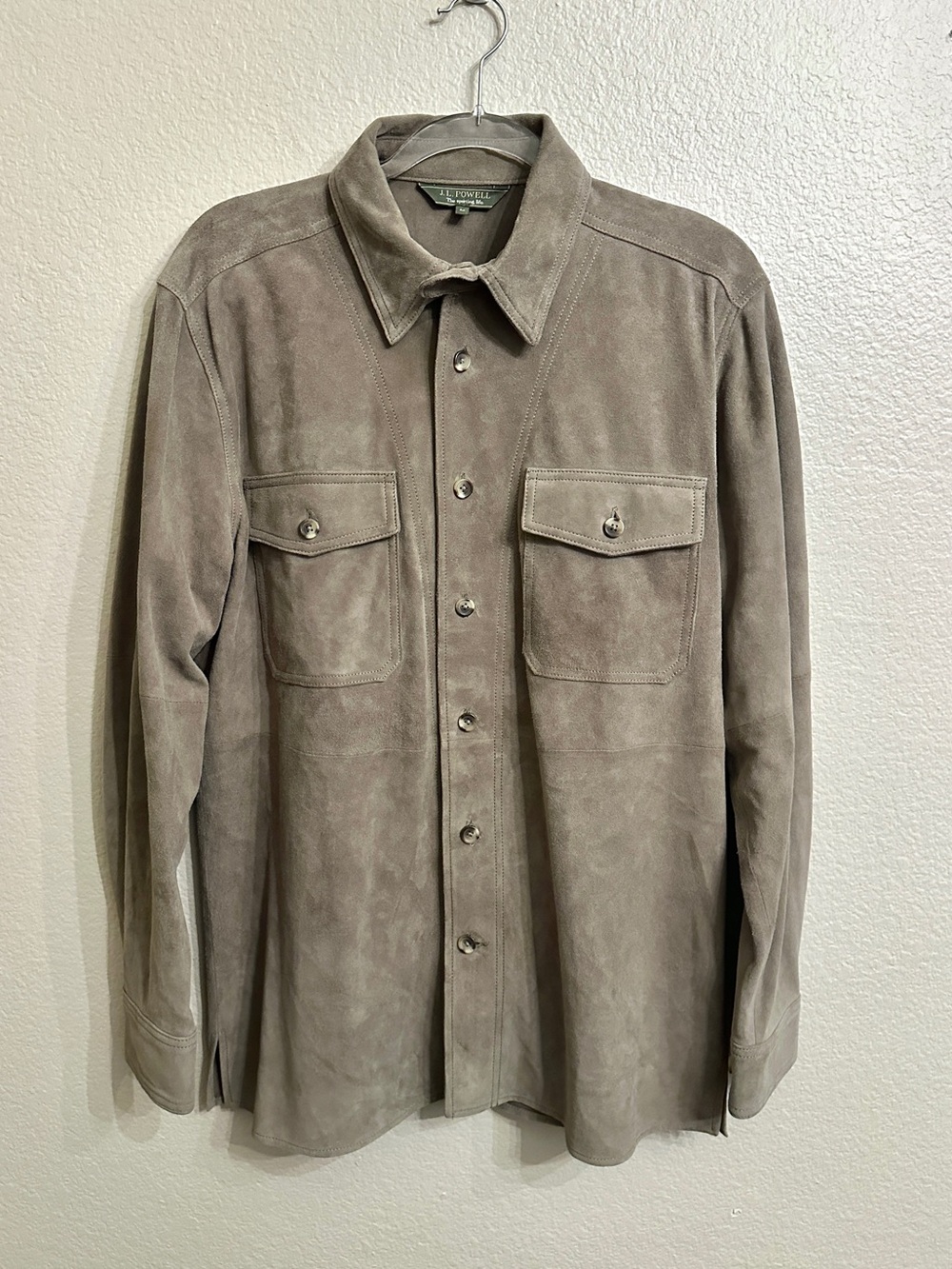 J.L. Powell 100% Leather Suede Shirt Jacket Taupe Brown Olive Western